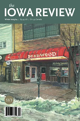 painting of the outside of a diner named Deadwood in winter