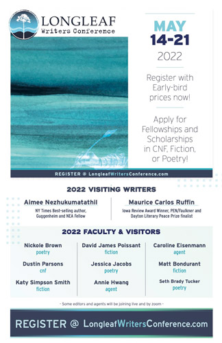 Screenshot of Longleaf Writers Conference flier for the NewPages December 2021 eLitPak Newsletter