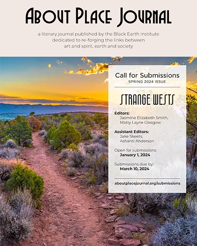 Screenshot of About Place Journal's Strange Wests call for submissions flyer