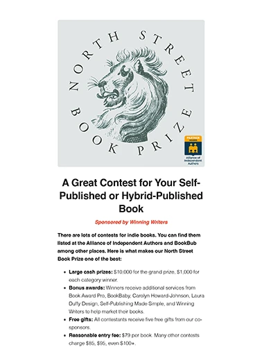 Screenshot of the Winning Writers' flyer for the 10th Annual North Street Book Prize