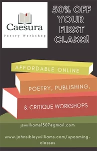 screenshot of Caesura Poetry Workshops 50% First Class flyer