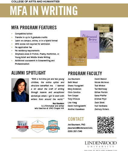 screenshot of Lindenwood University MFA in Writing flyer