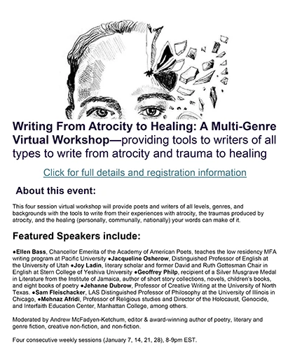 screenshot of NewVoicesProject Writing from Atrocity to Healing flyer